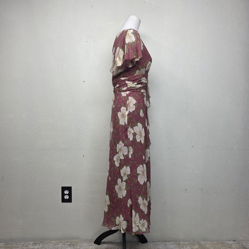 Adrianna Papell Burgundy and Cream Floral Dress Size 14 - Picture 4 of 9